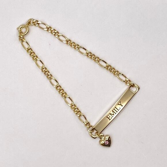 EMILY 10K Gold Plated ID Bracelet Heart Charm Pink Crystal Figaro Chain 6 1/4 - Picture 2 of 7